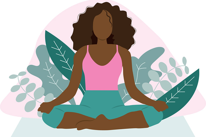 Ilustração de mulher de pele negra meditando. Ela veste calça verde e blusa rosa. Há folhas verdes ao seu redor. A meditação é uma das indicações para diminuir os sintomas do cortisol alto, tema do artigo