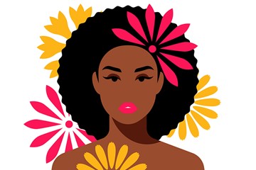 menina com black power e uma flor rosa na cabeça