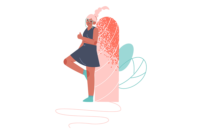 Ilustração de menina de cabelo rosa e óculos encostada em absorvente intern