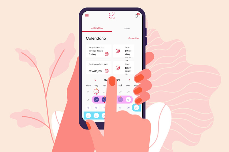 Ilustração de telefone celular com imagem de calendário menstrual